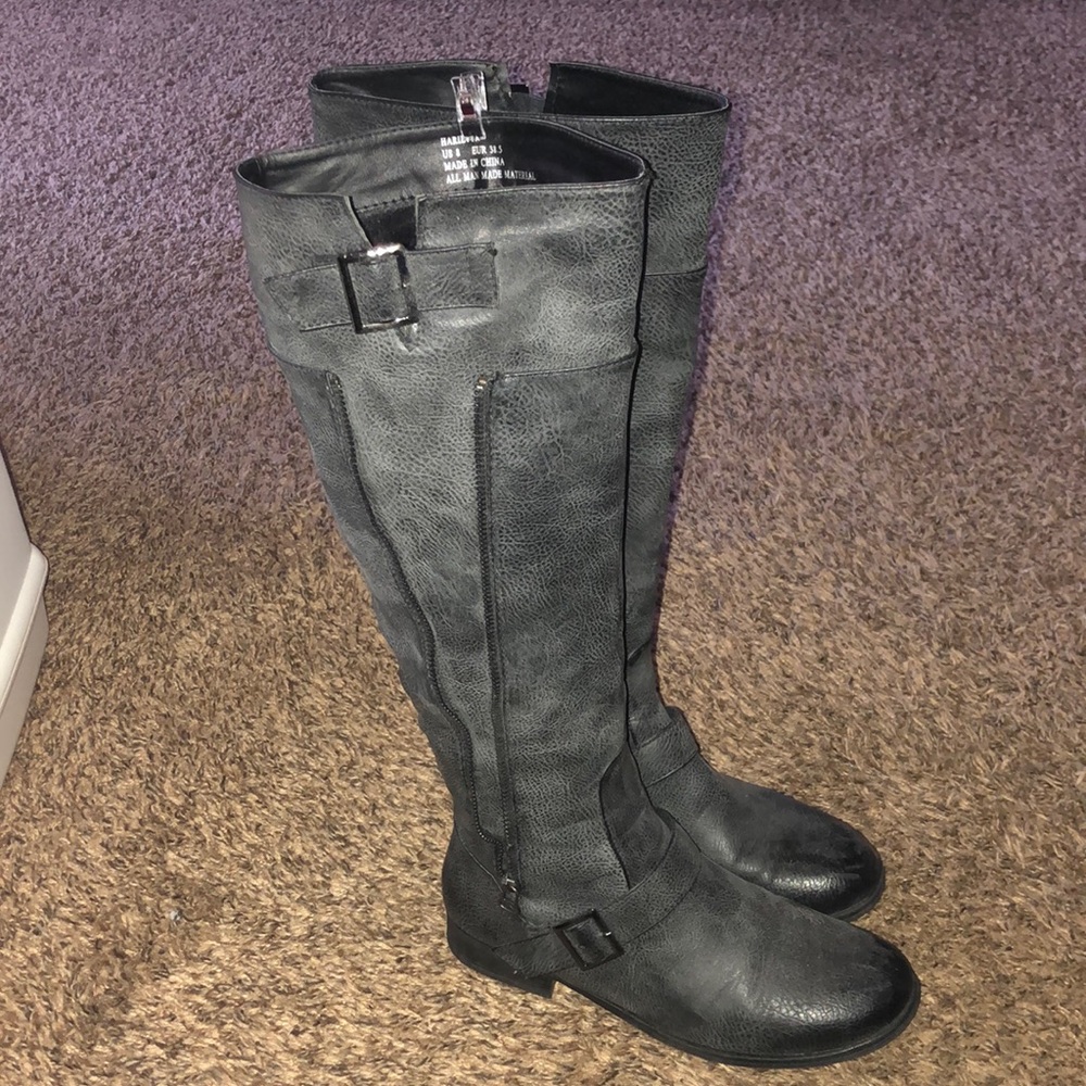 JUSTFAB Size 8 Knee High Faux Leather Heeled Boots Grey w/Zips and Buckles Women